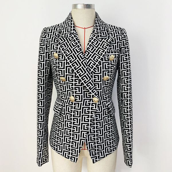 

classic style original design women's double-breasted blazer maze pattern slim suit jacket metal buckles black blazers jacquard coat ou, White;black
