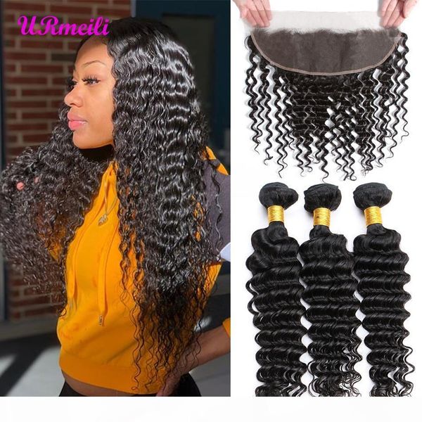 

indian deep curly human hair bundles with frontal closure virgin human hair extension 10a dhgate deep wave frontal closure with 3 4 bundles, Black;brown