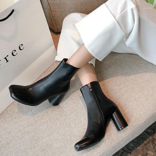 

genuine leather women's ankle boots comfortable square toe rouned high heels pumps zipper night club shoes woman heels1, Black