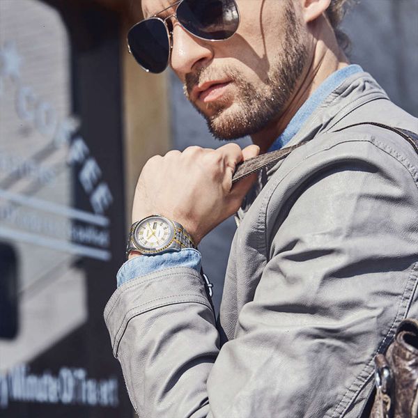 

calendar double 50m watch waterproof mechanical japanese movement blue glass tungsten steel strap men's watch ss6044g qhusc1ol, Slivery;brown