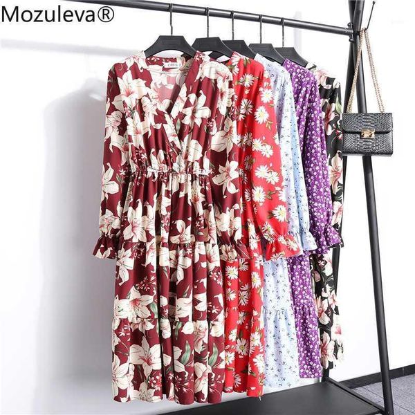 

mozuleva spring summer v-neck floral print female dress elastic waist long sleeve women dress a-line midi vestidos femme 20201, Black;gray