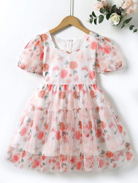 

girls floral print puff sleeve ruffle hem mesh dress she, Red;yellow