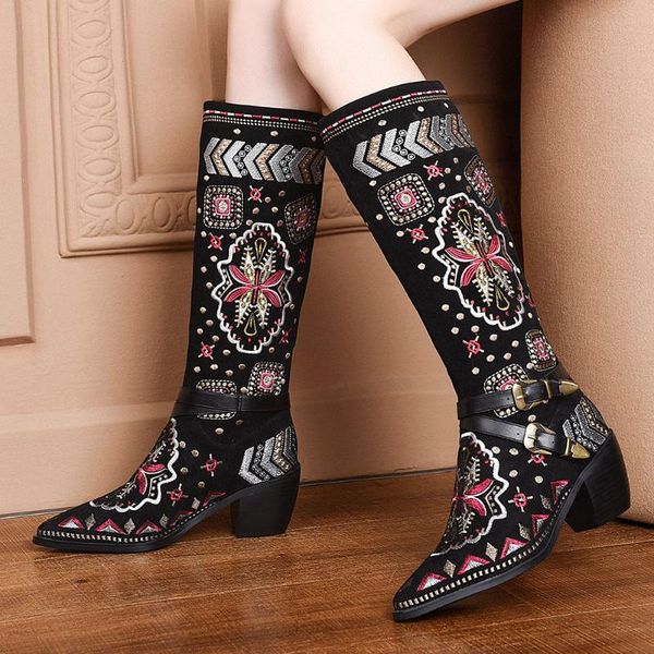 

lapolaka 2020 national style embroidered boots woman shoes buckle decoration chunky high heels vintage boots ladies, Black