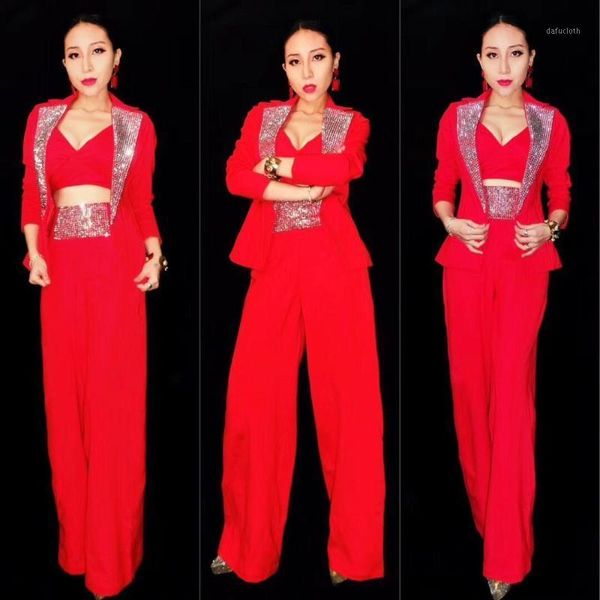 

female singer stage costume women red suits sets dance outfit dj ds show bodysuit party performances clothes, Black;red
