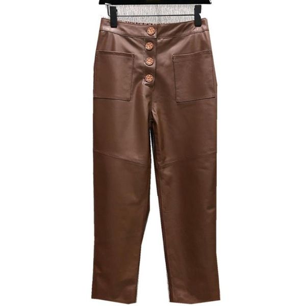 

women's real sheep leather pants elastic waist genuine leather pants female was thin pencil soft f2583, Black;white