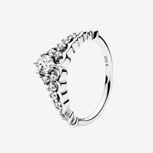 

women cz diamond wedding ring engagement gift jewelry for 925 sterling silver fairy tale tiara wishbone ring with box, Slivery;golden