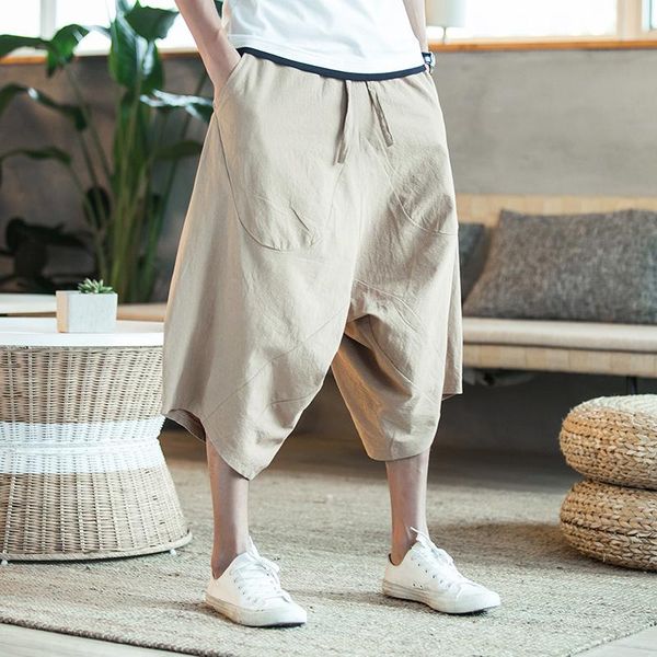 

baggy pure cotton men wild crotch harem pants drawstring wild-leg loose summer jogger pants men streetwear trouser pantalon, Black