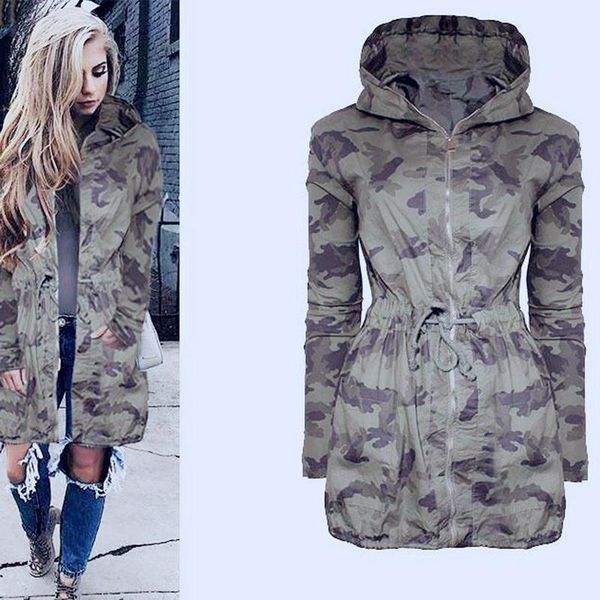 

womens casual long hooded coat jacket loose zipper army camouflage outwear streetwear, Black;brown