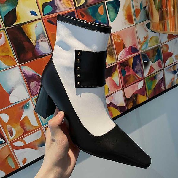 

boots 2021 winter ankle women's shoes genuine leather mixed color rivet decoration handsome punk motorcycle mujer1, Black