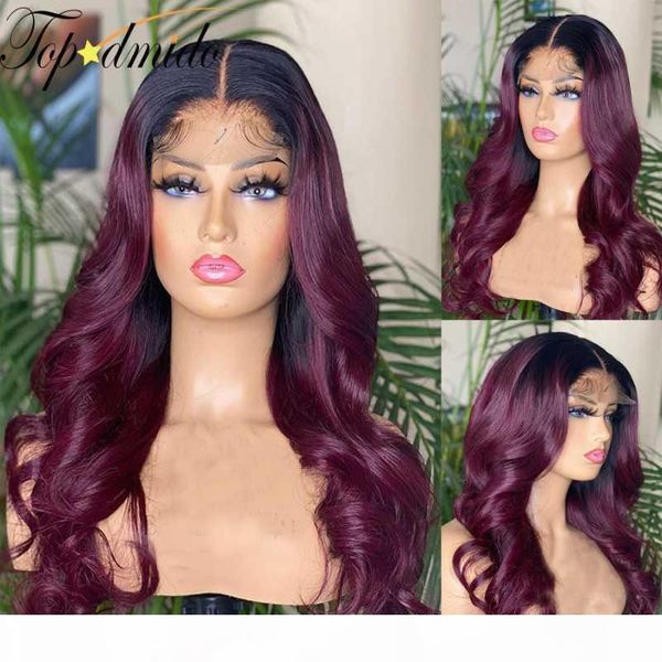 

dmido 99j ombre color lace front wigs with natural hairline body wave 13x6 remy short hair lace front human hair wig, Black;brown