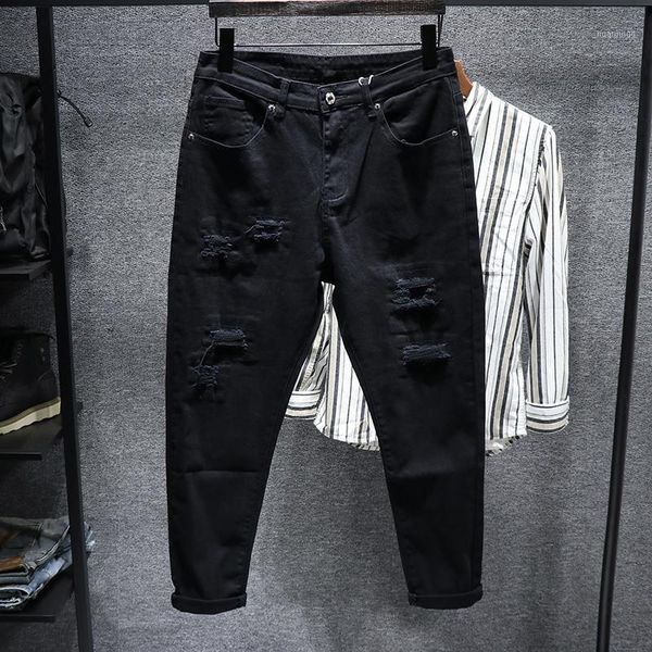 

2020 personalized hole patched cotton elastic pants slim fit small feet versatile trend men's jeans trousers 05131, Blue