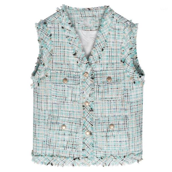 

perhaps u women light green houndstooth tweed v neck sleeveless vest single-breasted pocket tassel jacket c02751, Black;white
