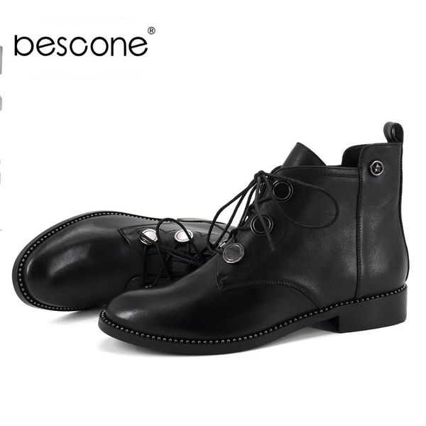 

bescone genuine leather ladies boots casual lace-up handmade square heel shoes basic round toe 2.5 cm low heel women boots bc264, Black