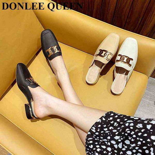 

slippers sandlia de salto baixo com corrente de metal chinelo quadrado casual para mulheres estilo britnico 220307, Black
