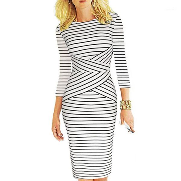 

casual dresses fmasuth 2021 year dress office elegant stripe slim waist 3/4 sleeve knee length pencil midi spring y8831, Black;gray