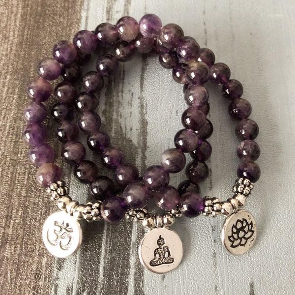 

tennis amethysts buddha bracelet yoga lotus charm wrist purple stone beaded buddhist for women and men1, Golden;silver