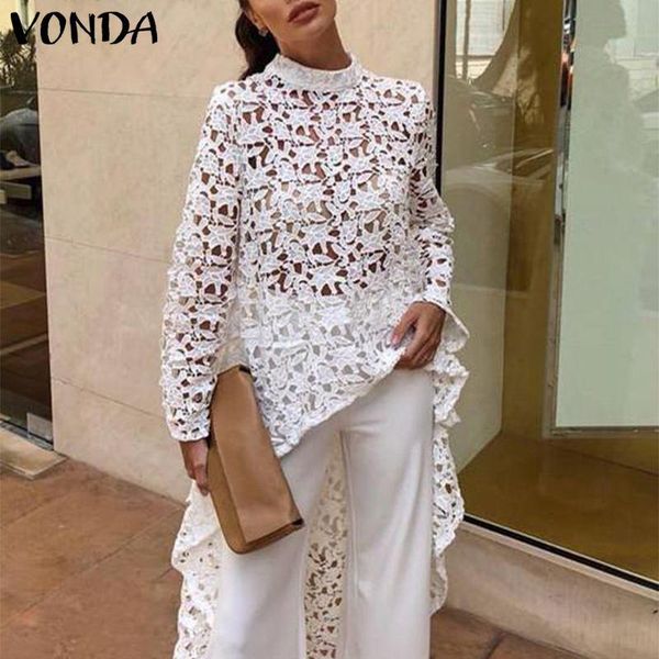 

vonda summer blouses autumn irregular hem hollow out white lace long sleeve casual loose beach blusas 5xl women's tunic