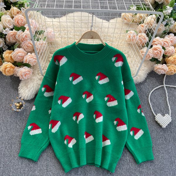 

singreiny christmas hat print women knitted sweater winter o neck warm elastic knitwear loose long sleeve new knitting pullovers h1211, White;black