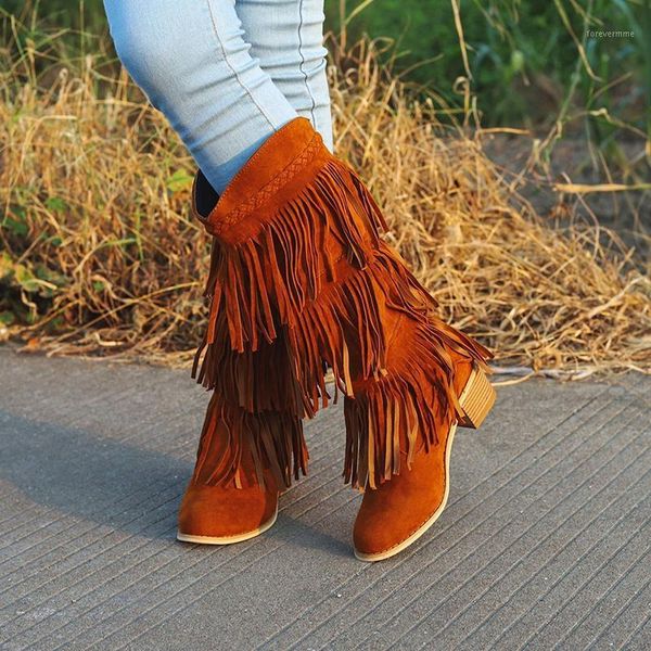 

winter women boots pu plus size fringe fashion solid slip on round toe female mid calf riding boots1, Black