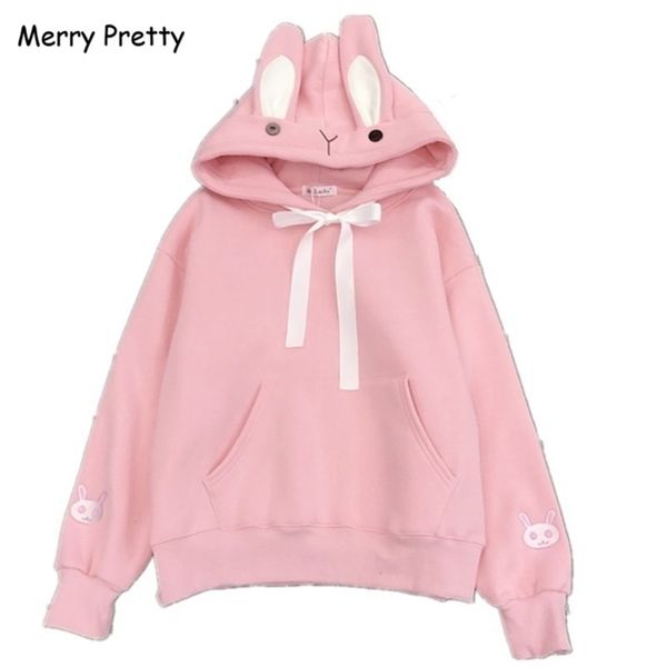 

merry pretty kawaii sweet rabbit ears hooded sweatshirt women harajuku cartoon embroidery hoodies tracksuits moletom pullovers 201209, Black