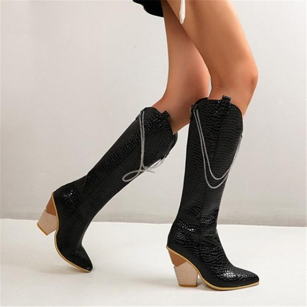 

pxelena large size 34-45 metal chain women western cowboy knee high boots high heels riding motorcycle boots 2020 lady shoes1, Black
