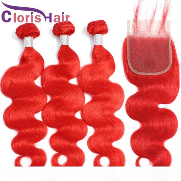 

malaysian virgin human hair 3 bundles with closure red colored body wave hair weaves closure 4pcs full wavy extensions and lace closure, Black;brown