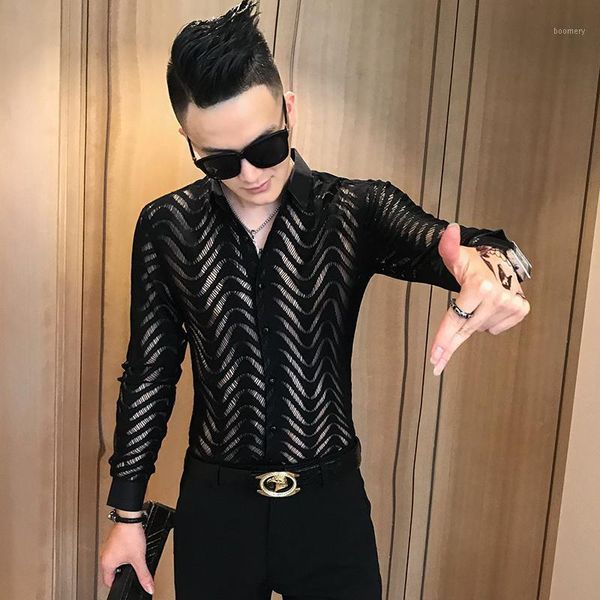 

men's shirt fashion hollow casual social slim fit street black white single breasted full sleeve costume homme male shirts man1, White;black