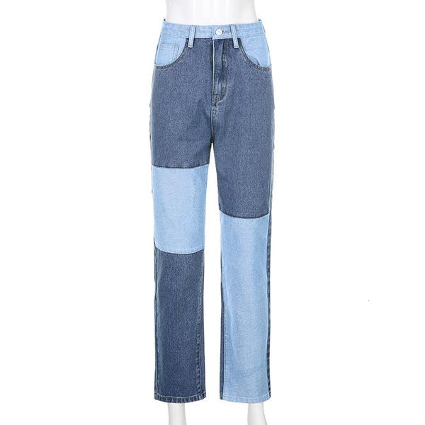 

2020 women fashion patchwork jeans casual matching color block straight-leg slim jeans pants loose soft jeans femme f fast ship, Blue