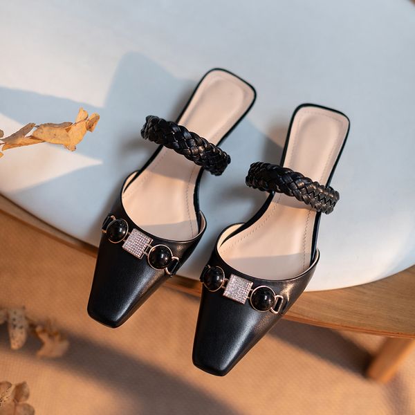 

2021 women genuine leather open toe black apricot heels shoes woman sandals luww