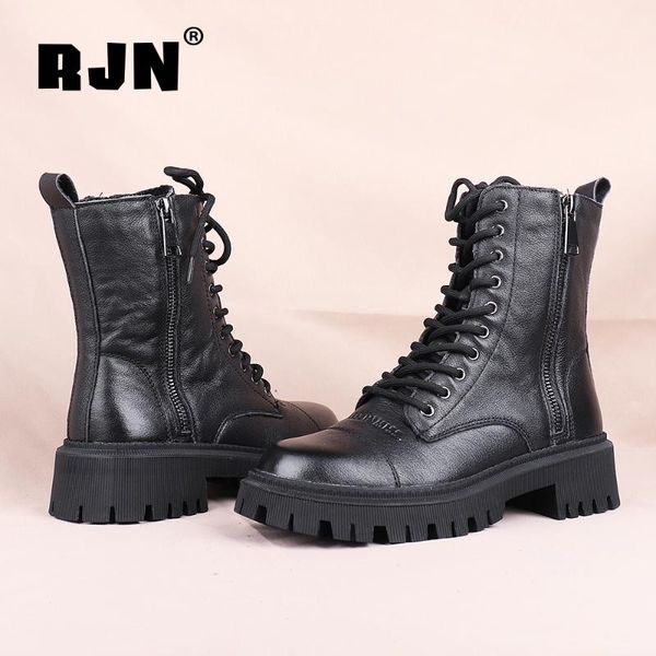 

rjn women's fashion ankle boots platform zipper genuine leather non-slip stylish black warm winter women's shoes rc845