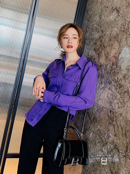 

dayingzi love new fashion solid color shirt with long sleeve lapel and personalized pocket dign, White