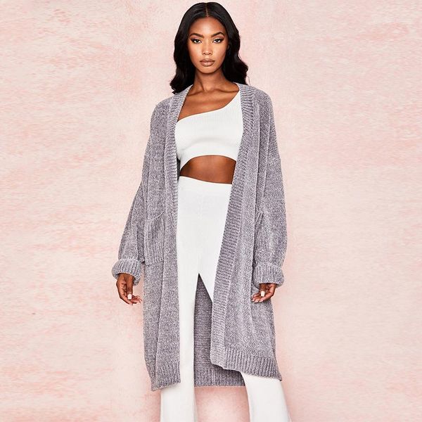 

sleeve solid color knit coats ladies pocket sweater womens gray cardigan sweater autumn long, White;black