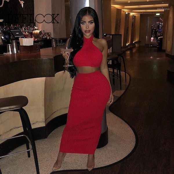 

pfflook knitting halter two piece set backless high waist bodycon women set fashion elegant summer 2 piece party club night1, White