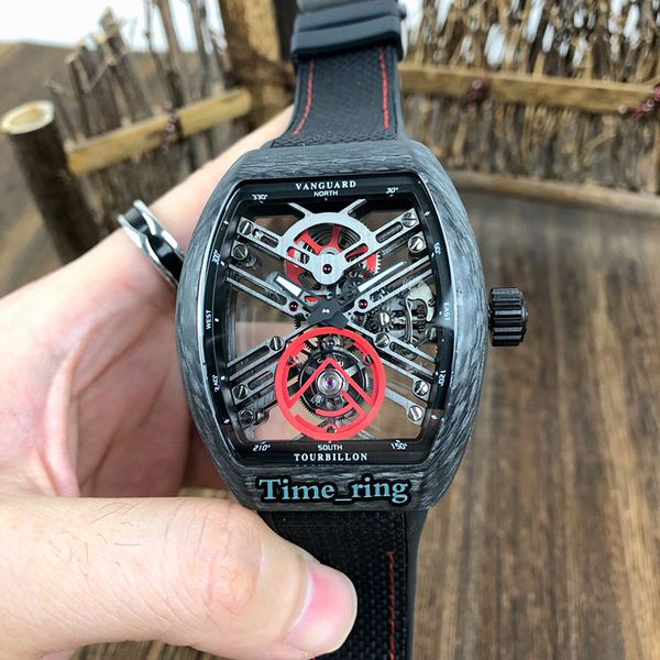 

version v 45 t sqt skeleton dial carbon fiber case true tourbillon automatic movement sapphire mens watch leather strap designer watches, Slivery;brown