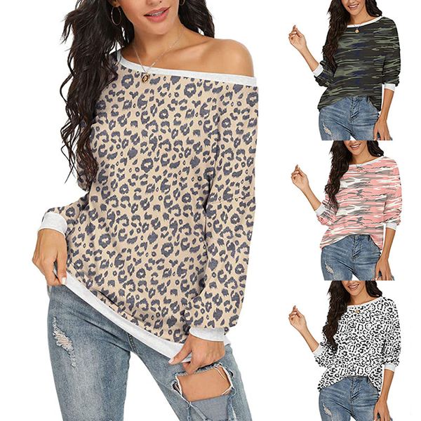

women's hoodies new fashion leisure leopard print sweater one neck t-shirt, Black