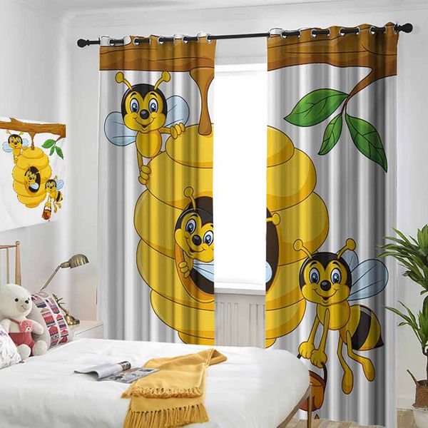 

thermal insulated room darkening window shade branch of tree with beehive and bees honey funny insect hardworking mascot curtain