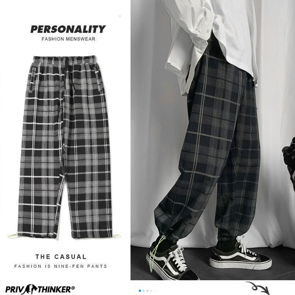 

privathinker men's plaid casual harem pants korean man loose ankle-length trousers harajuku streetwear new male clothing 201110, Black