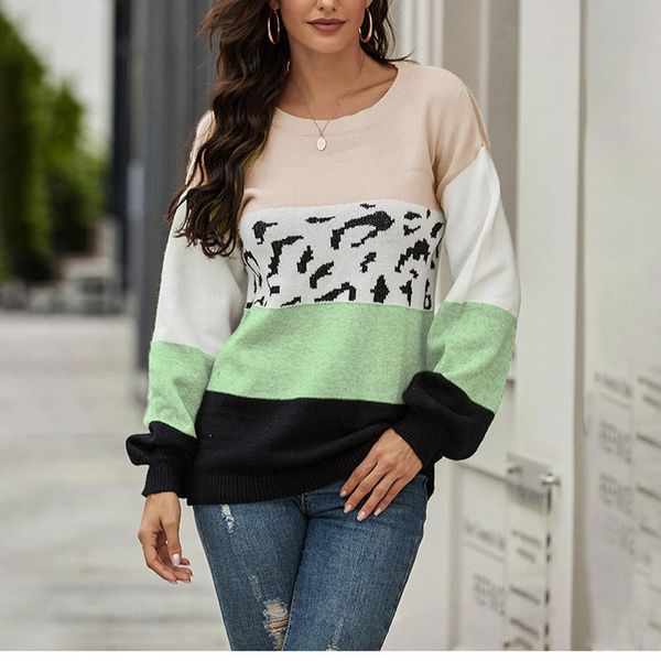 

трикотажные изделия mujer moda 2020 invierno осенние женские повседневные вязаные свитер леопарда печать цвета блокировка пуловер camisolas, White;black