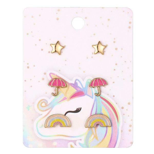 

2021 quality sweet pop cartoon child baby girl lovely jewelry set fashion rainbow umbrella five-pointed star necklace earrings sets for kids, Silver
