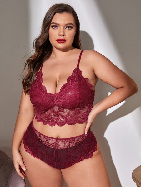 

plus scallop trim floral lace lingerie set e2pm#, Black;white