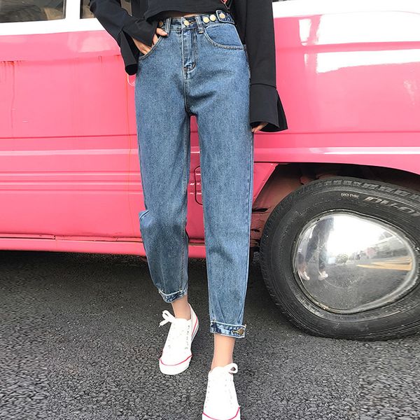 

button fly high waist jeans woman vintage loose mom jean womens clothing plus size boyfriend jeans for women fashion cotton, Blue