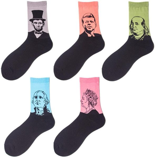 

5 pairs of autumn and winter retro art abstract oil painting series character head men's cotton socks socks men, Black
