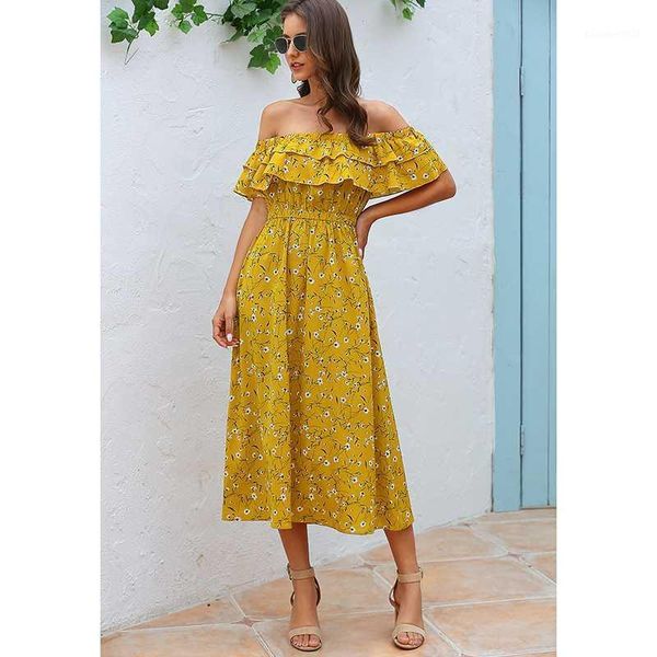 

casual dresses 2021 women shirt long dress boho style summer floral print off shoulder slash neck short sleeve ruffle midi sj5884x1, Black;gray