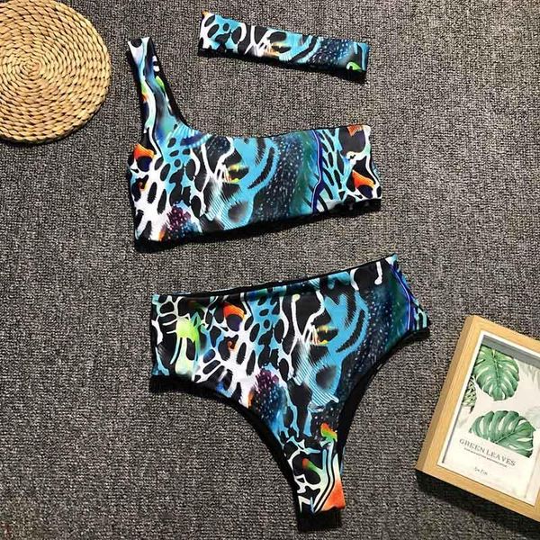 

women swimwear one shoulder swimsuit swimwear two-pieces bikini set snake printed bather bathing suit high waist bikini 2019 female1, White;black