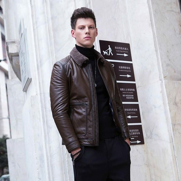 

genuine winter men real wool fur collar cow leather jackets and coats bomber jacket mc18d011 my1822, Black