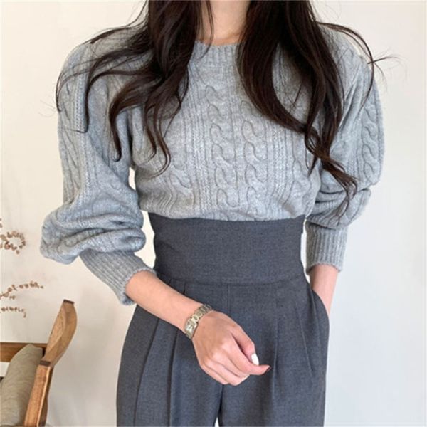 

2021 new female knitting sweater pullovers solid neck-puff sleeves standard crocheted jumper jumpers spring jerseys 8kza, White;black