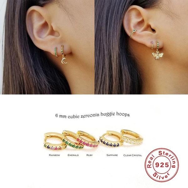 

canner 2ps 925 sterling silver colorful cz 6mm ear bone earlobe piercing buckle hoop earring for women lovers' girl fine jewelry, Golden;silver