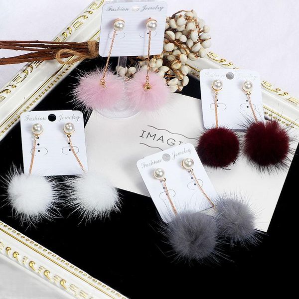 

crystal fur ball pompom long drop earrings for women soft pom pom ear dangle jewelry winter gift trinket brincos, Silver