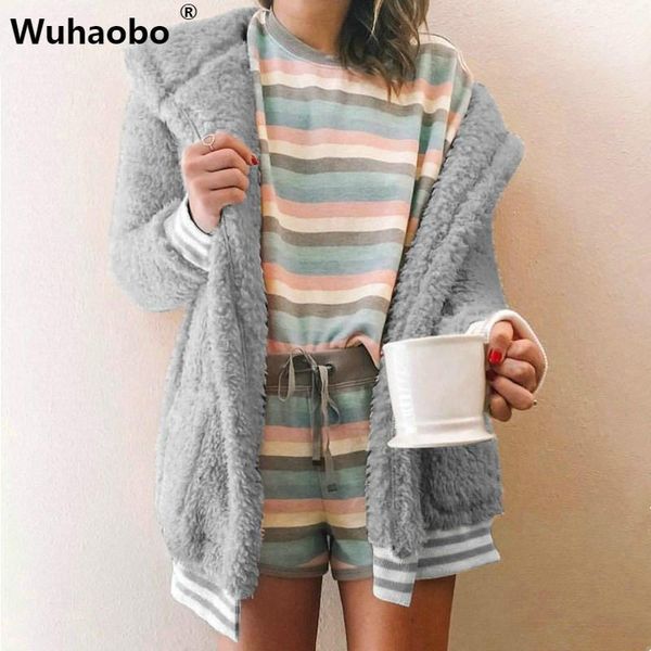

wuhaobo hooded faux fur coat women long sleeve streetwear patchwork design pockets autumn winter casual loose cardigan coat, Black