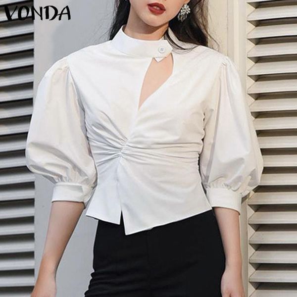 

women's blouses casual half sleeve button-up shirts vonda ladies puff sleeves solid bohemian party blusas femininas s-5xl, White